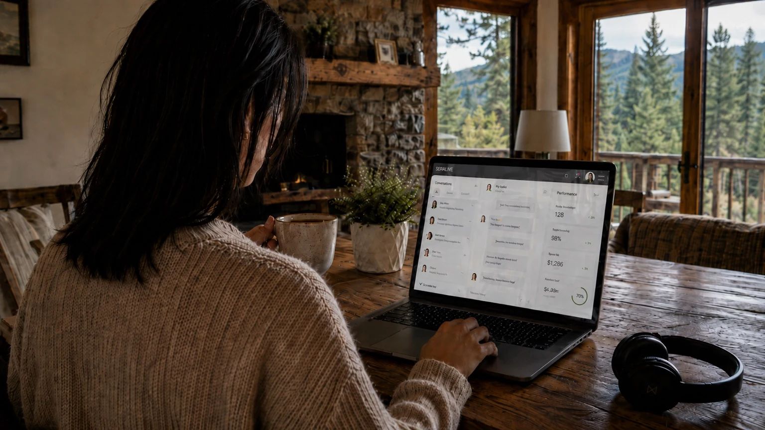 Remote chatter working from a comfortable mountain villa