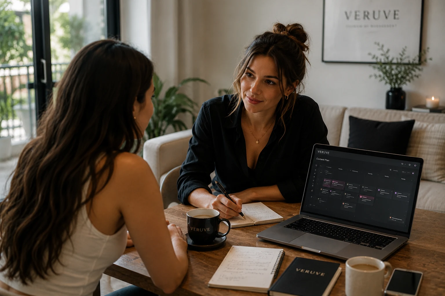 A VERUVE female account manager discussing a personalised content strategy with a creator